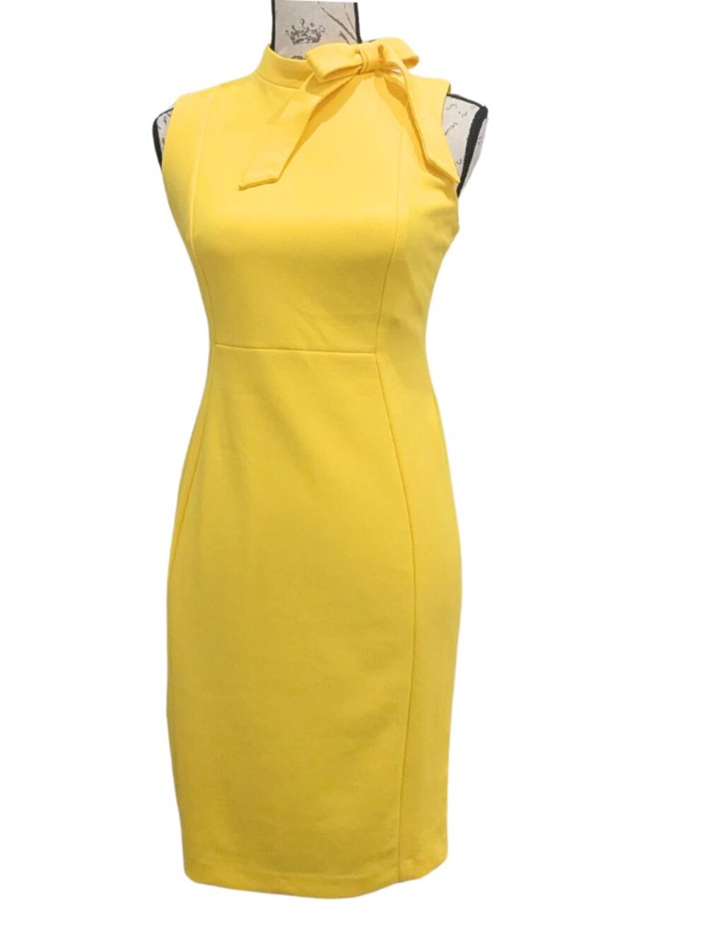 Calvin Klein Petite Yellow Bow Neck Sheath Dress 8P NWT - Picture 2 of 12